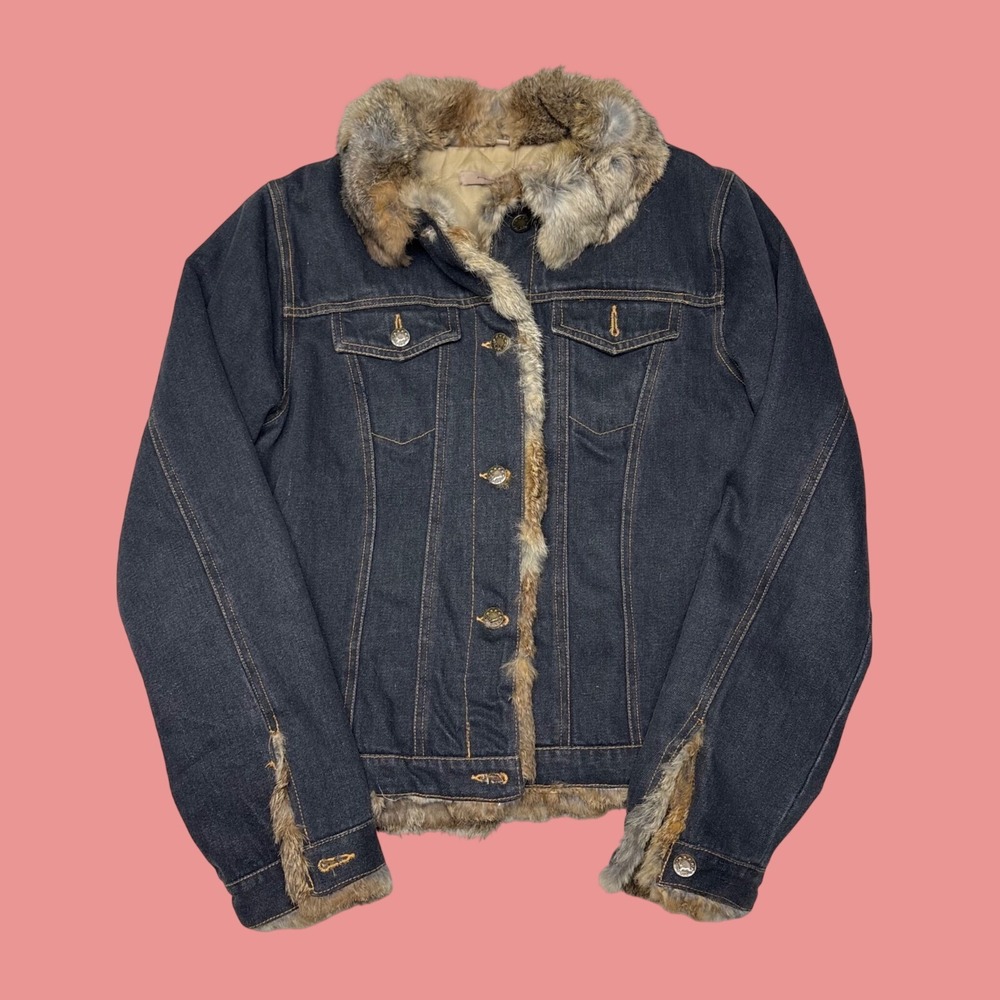 Mojo Women Dark Wash Denim Jacket Rabbit Fur Trim Quilted Lining Trucker Coat